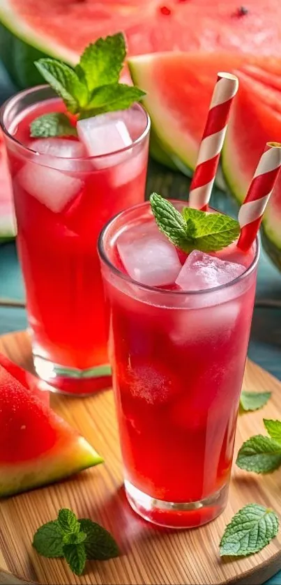 Refreshing watermelon drink with mint and ice cubes on a wooden table.