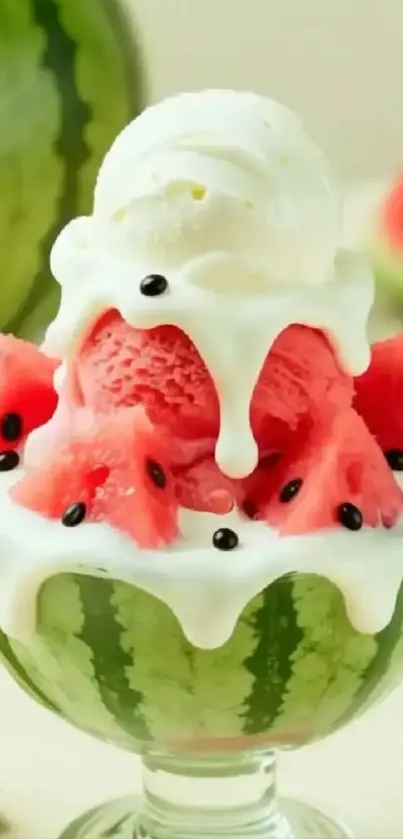 Watermelon ice cream sundae with creamy topping.