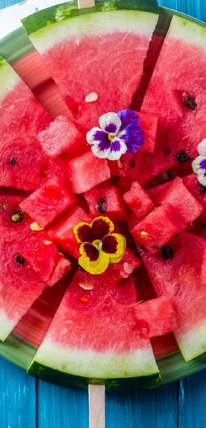 Refreshing watermelon popsicles arranged stylishly on a vibrant blue background.