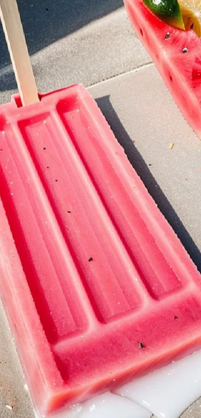 Close-up of a vibrant pink watermelon popsicle on a sunny day.