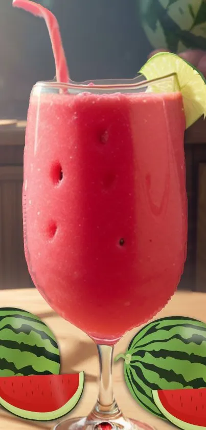 Refreshing watermelon smoothie with lime garnish in a stylish glass.
