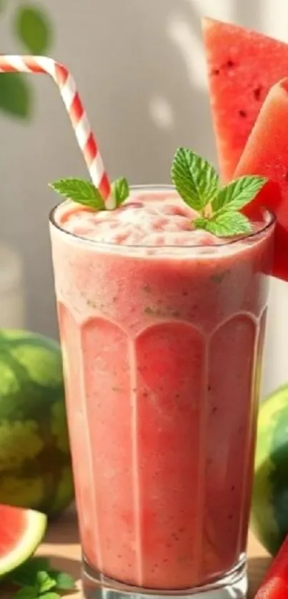 Vibrant watermelon smoothie with fresh slices and mint.