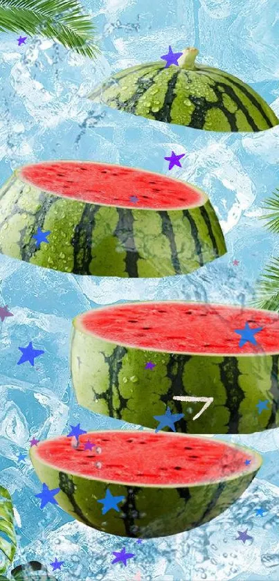 Watermelon slices in ice water with tropical leaves for mobile wallpaper.