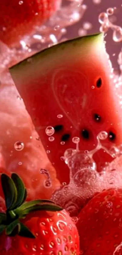 Colorful watermelon and strawberry splash wallpaper.
