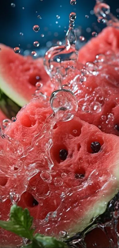 Vibrant watermelon slice with splashing water droplets.