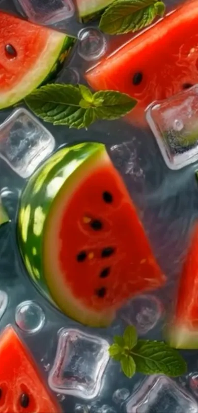 Vibrant watermelon slices with ice cubes and mint leaves.