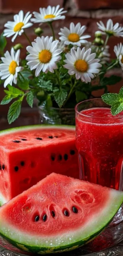 Refreshing watermelon slices and juice with daisies background.