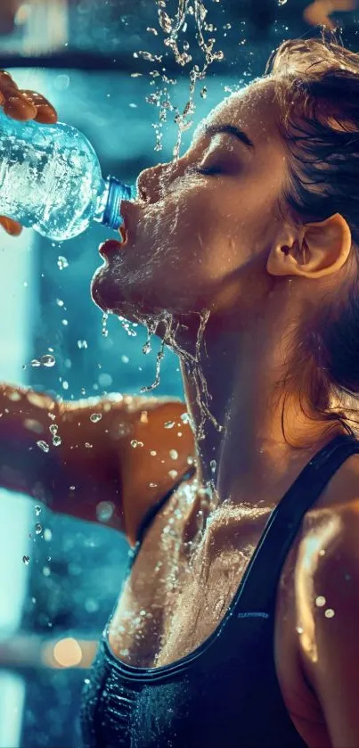 Woman enjoying refreshing water after workout.