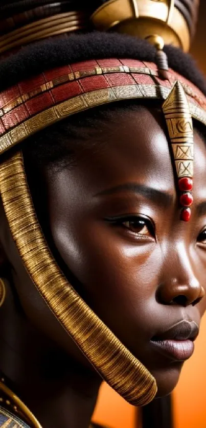 Elegant African woman with gold adornments on a warm amber background.