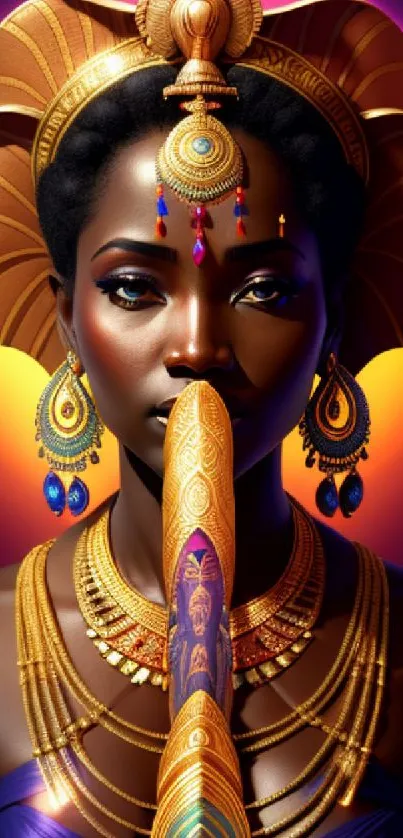 Regal African woman with gold jewelry and vibrant background.