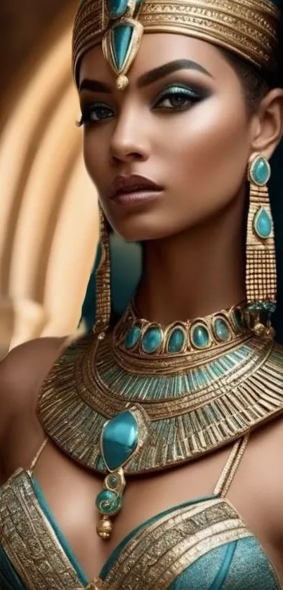 Ancient regal beauty with turquoise accents and golden jewelry.