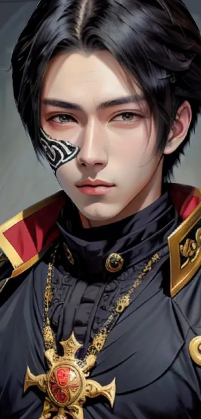 Anime character with black and gold attire and a mysterious look.