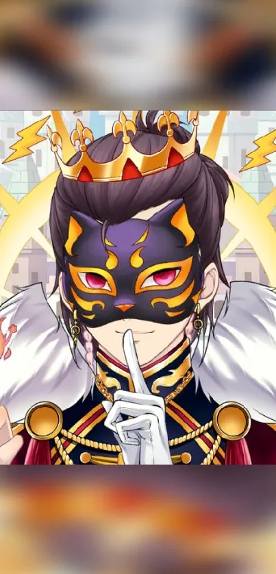 Anime character wearing a mask and crown in royal attire with vibrant colors.