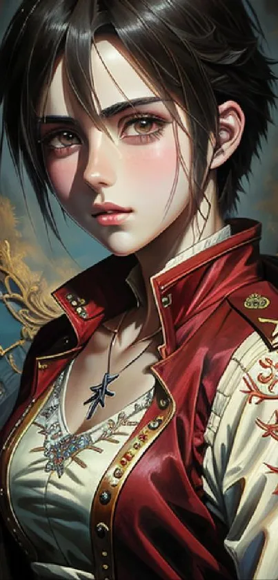 Anime character with regal attire and intricate design on mobile wallpaper.