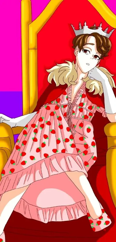 Anime character sitting on a bright throne in a cherry-pattern dress.