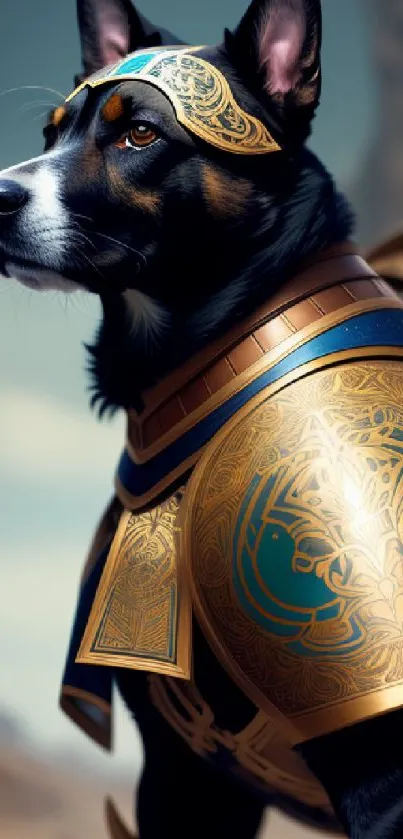 A majestic dog in ornate golden armor against a mystical backdrop.