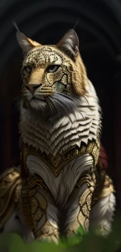 Lynx with intricate golden armor against a dark backdrop, stunning fantasy wallpaper.