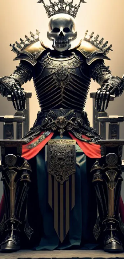 Regal skeletal figure in ornate armor on a throne.