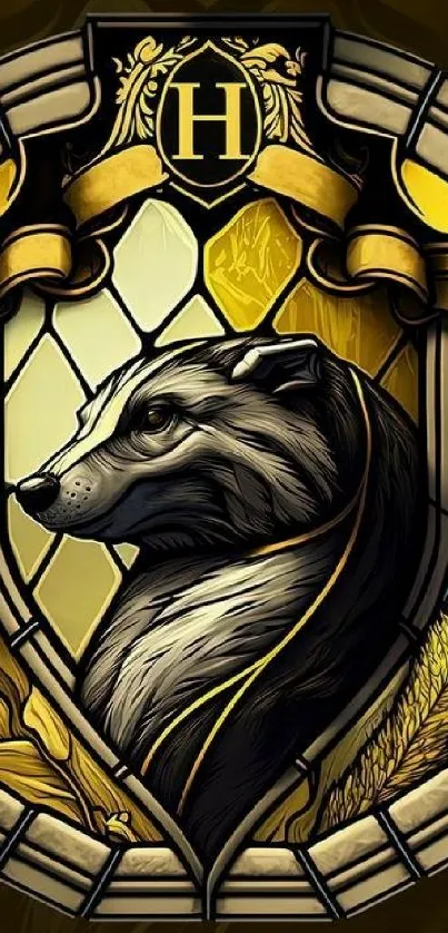 Stained glass badger emblem with yellow hues.