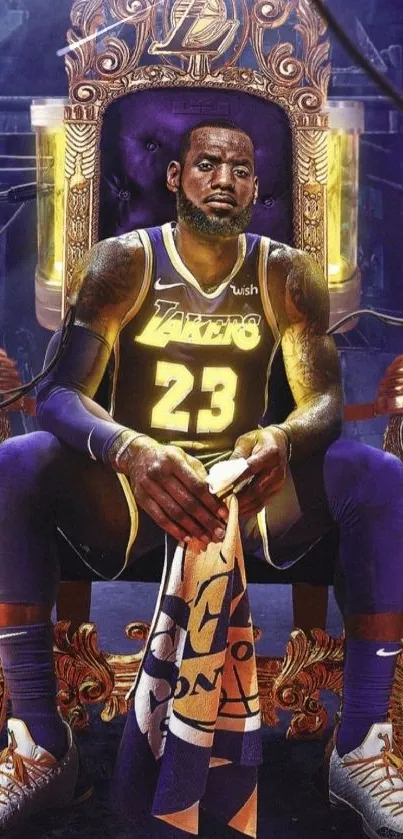 Basketball star in purple and gold on ornate chair.