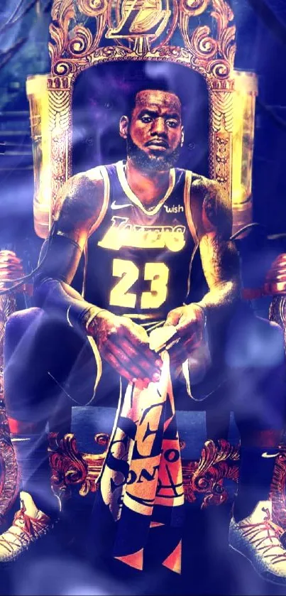 Basketball player on a throne with regal design and vibrant colors.