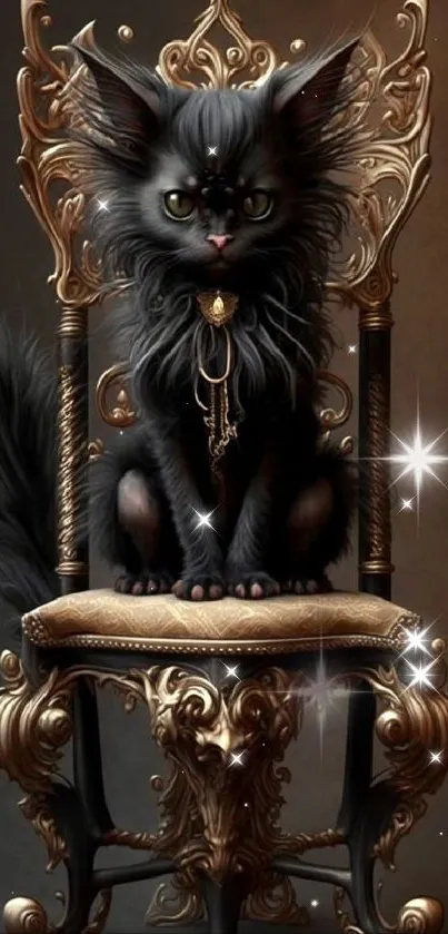 Majestic black cat on an ornate golden throne with intricate details.