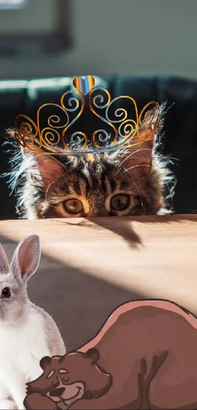 Curious cat with cartoon rabbit and bear.