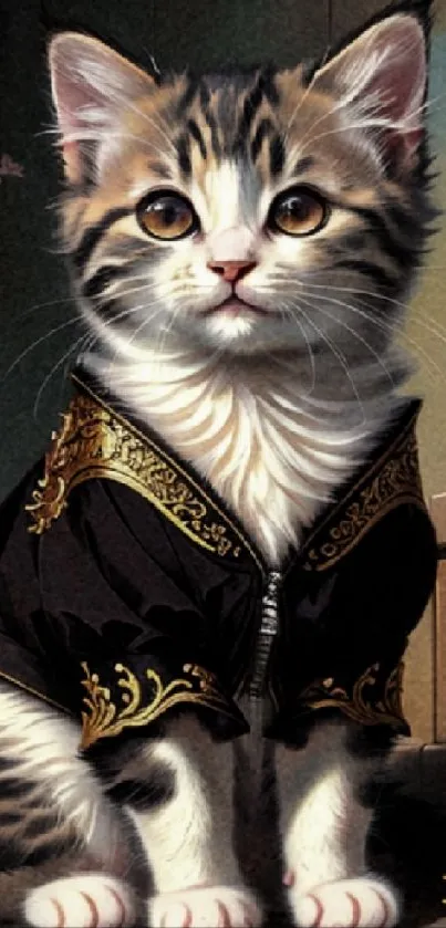 Regal kitten in ornate jacket with elegant background design.