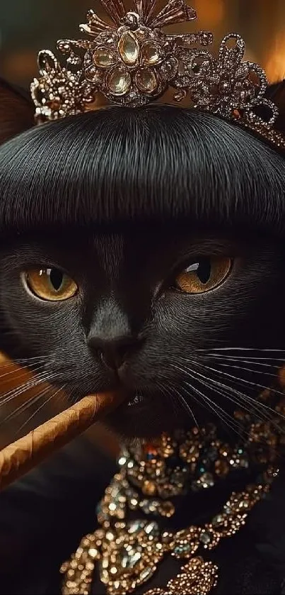 A regal cat with a crown and jewelry, smoking.