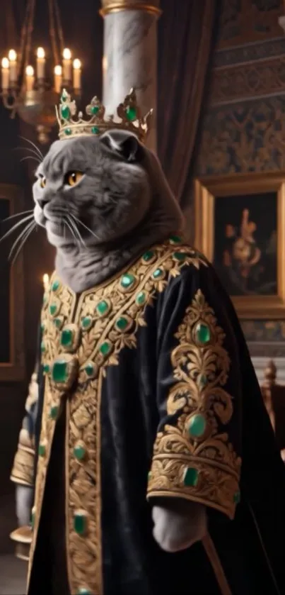 Majestic cat in royal attire standing in an ornate palace setting.