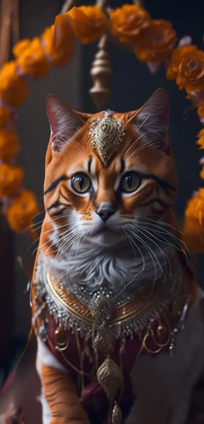 Regal cat adorned with vibrant orange ornaments.