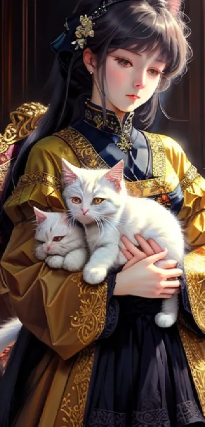 A regal woman holds two cats in a luxurious medieval setting.