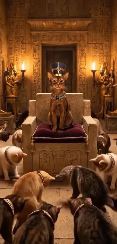 Cat sitting on a throne in an ancient Egyptian temple.