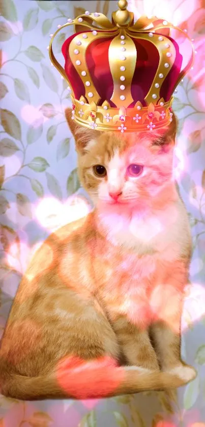 Cute kitten wearing a royal crown with pink lights on a floral background.