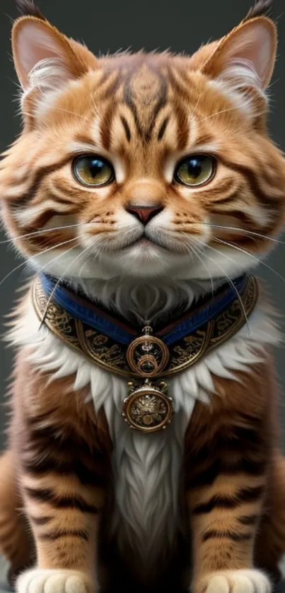 Regal cat with ornate collar on a brown background.