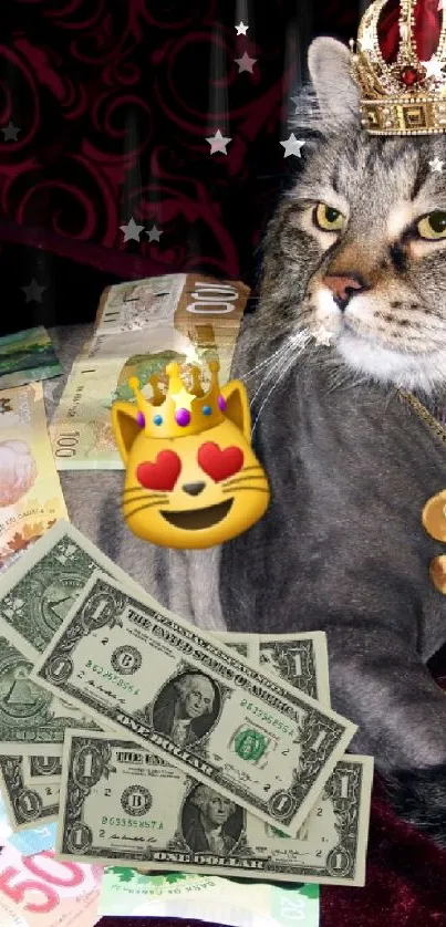 Cat wearing a crown surrounded by different currencies on a dark red background.