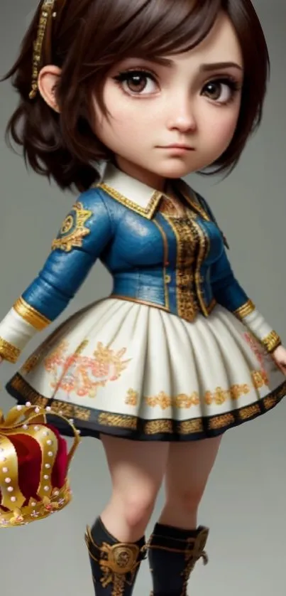 Doll-like character in blue outfit holding a crown, regal theme wallpaper.