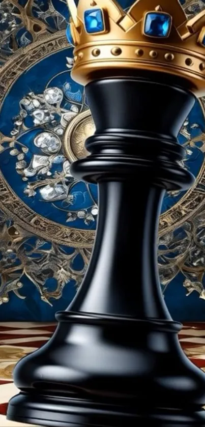Crowned black chess piece on ornate background.