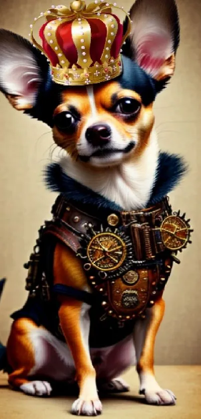 A regal Chihuahua in steampunk attire with a crown, perfect as a unique wallpaper.