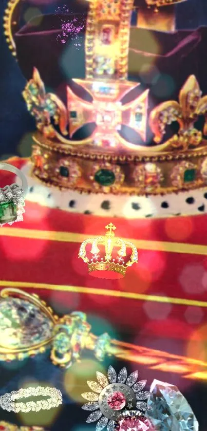 Regal crown and jewels on display in elegant art style.