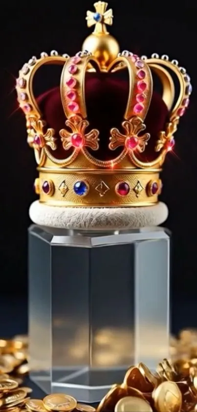 Luxurious crown on a crystal with gold coins beneath.