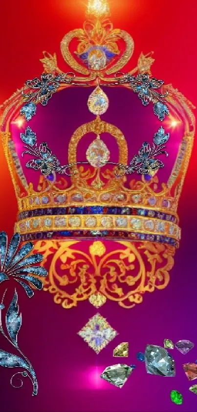 Ornate royal crown with vibrant jewels and elegant design on a purple background.