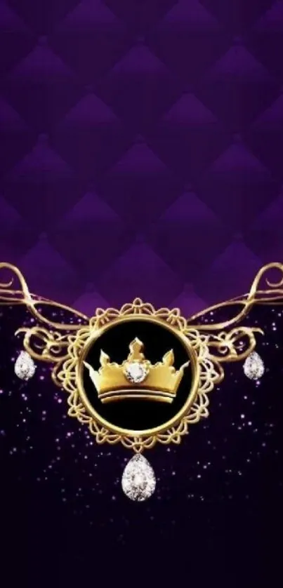 Luxury purple wallpaper with gold crown design and elegant jewels.