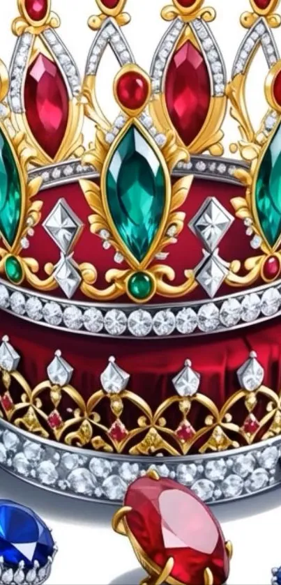 Luxurious crown with red and green gemstones and gold accents.