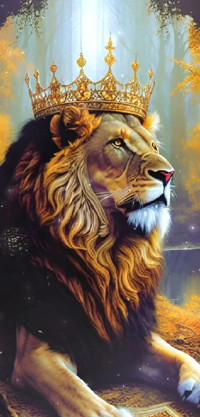Regal lion with a crown in a forest setting, artistic wallpaper.
