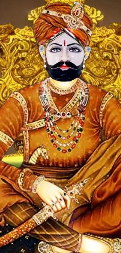 Regal portrait in traditional attire with gold accents on mobile wallpaper.