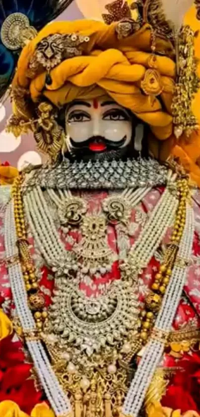Richly adorned deity statue with vibrant colors and intricate details.