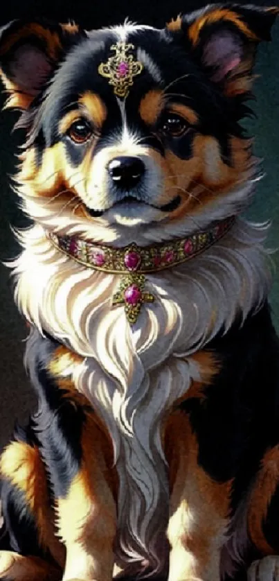 Regal dog with jeweled collar in artistic wallpaper.