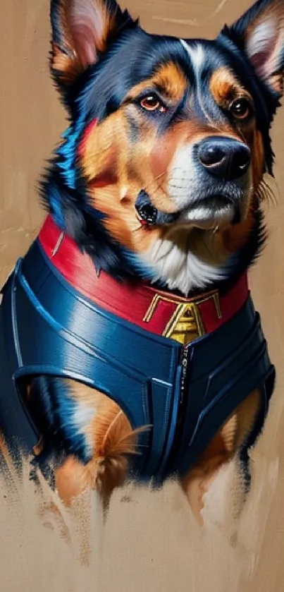 A majestic dog in blue armor on a brown background.