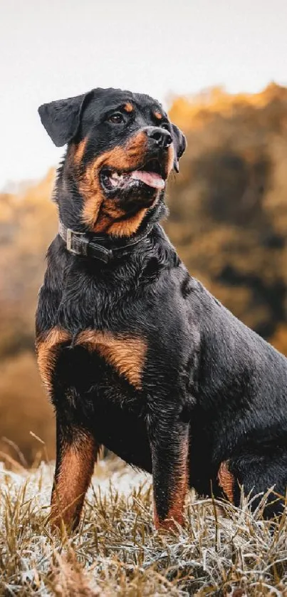 Majestic dog resting in a vibrant autumn landscape, surrounded by foliage.